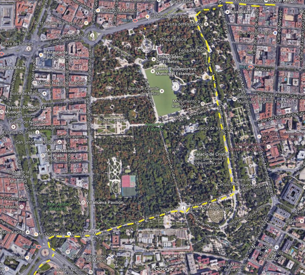 het retiro-park in Madrid kaart bekijken